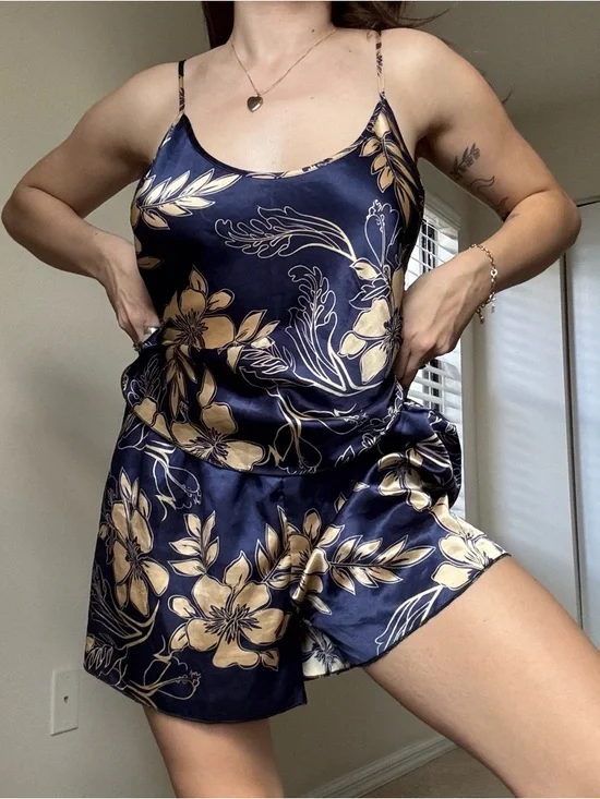 Silky Navy Blue & Gold Floral Cami Short Set - Picture 2 of 5